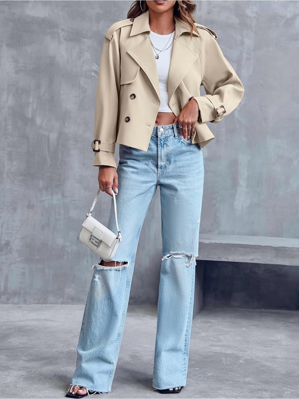 Cropped Double Breasted Trench Coat - Picture 3 of 5
